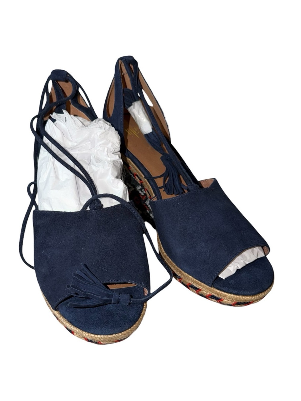 CAbi Navy Suede Espadrille Wedges with Tassel Ankle Tie
